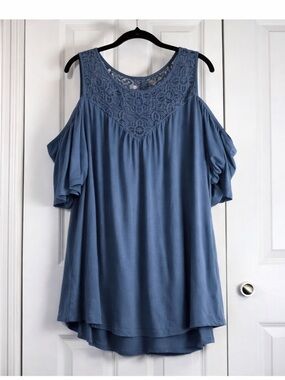 Plus Size 3X Slate Blue Cold Shoulder Top Lace Yoke Soft Stretch Casual